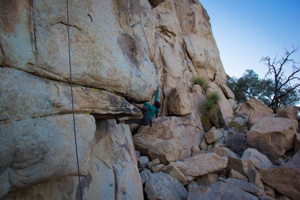 Eileen on Head Over Heals 5.10a Hemingway Wall - East Face Right Side. Joshua Tree National Park. Photo Credit: Terrell Barry 
